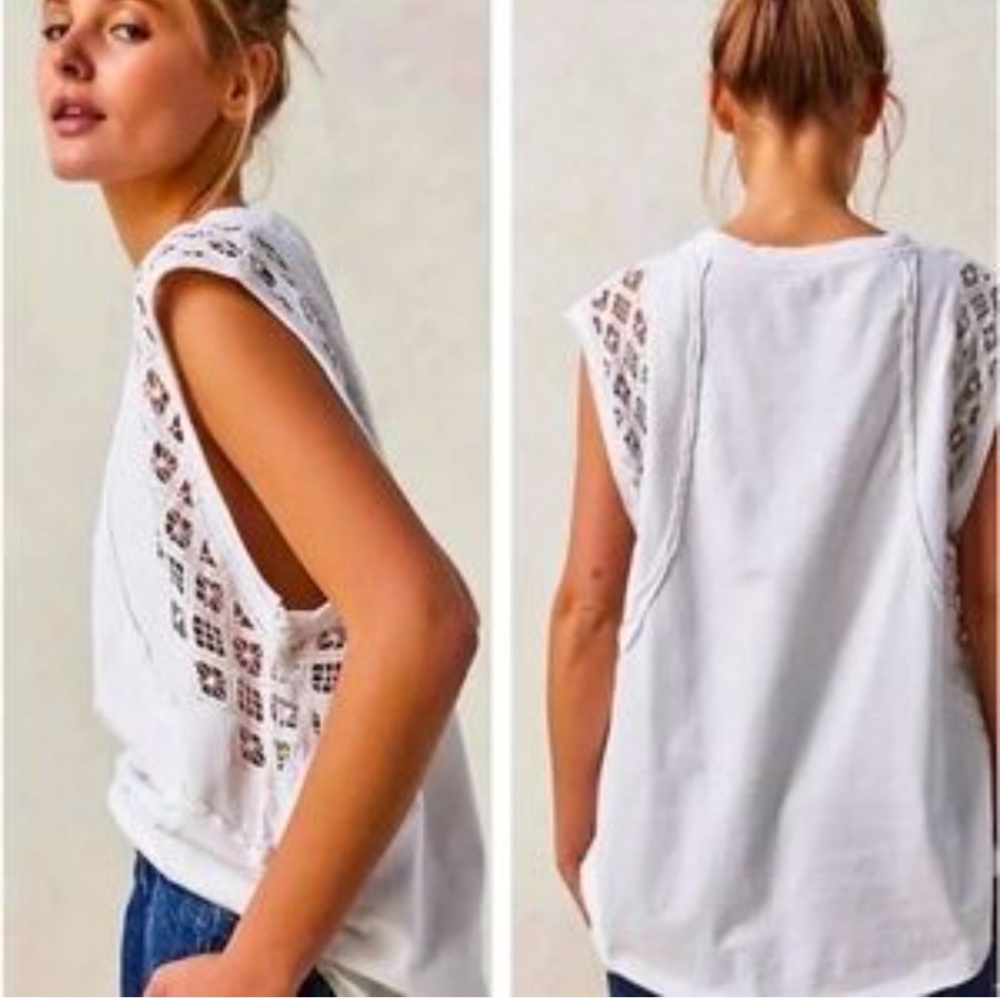 Free People White Crochet-Panel Muscle Tank